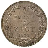 3/4 rubla = 5 złotych 1839, Warszawa, Plage 363, Bitkin 1145, ładnie zachowany egzemplarz