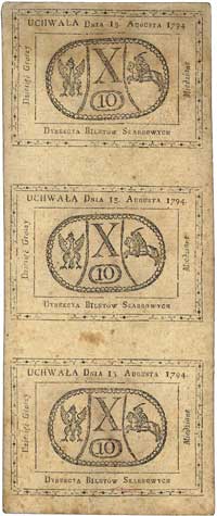 3 x 10 groszy miedziane 13.08.1794, Miłczak A9a, Lucow 40b R6, trzy banknoty w całości nierozcięte..