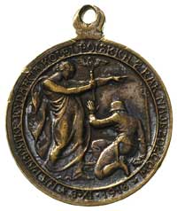 medalik z uszkiem, 1918, Aw: Polonia trzymająca buławę zwieńczoną znakiem kolei, po prawej upadają..