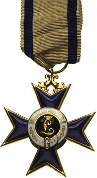 Krzyż Orderu Zasługi Wojennej (Merenti 1866), złoto, na kółku punce, 13.05 g, emalia biała i niebi..