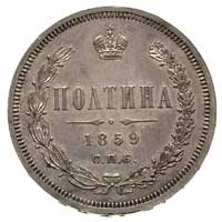 połtina 1859, Petersburg, odmiana z wąską koroną na rewersie, Bitkin 97, ładne lustro mennicze, pi..