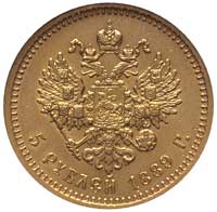 5 rubli 1889, Petersburg, krótka broda cara, bez liter A√ na szyi, Bitkin 33, Fr. 168, złoto, mone..