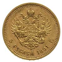 5 rubli 1891, Petersburg, krótka broda cara, Bitkin 36, Fr. 168, złoto 6.45 g, rzadszy rocznik