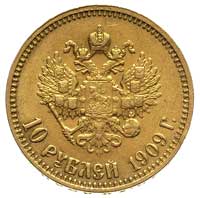 10 rubli 1909, Petersburg, Bitkin 14 (R), Fr. 179, Kazakow 359, złoto 8.60 g, rzadki rocznik