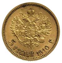 5 rubli 1910, Petersburg, Bitkin 36 (R), Fr. 180, Kazakow 377, złoto 4.30 g, rzadki rocznik, ładni..