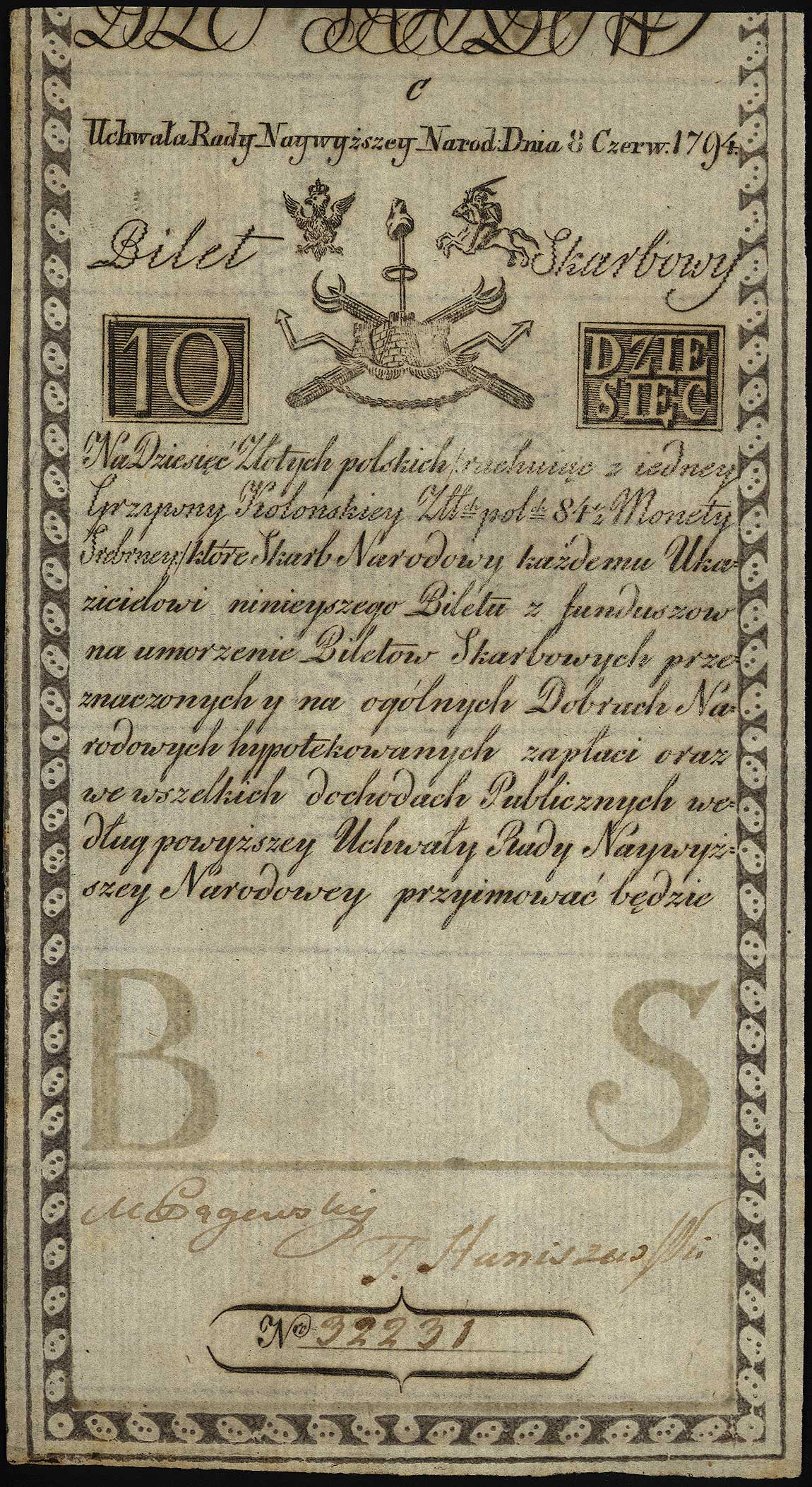 10 złotych 8.06.1794, seria C, znak wodny firmy Pieter de Vries, Miłczak A2, Lucow 19 (R3), ładnie zachowane