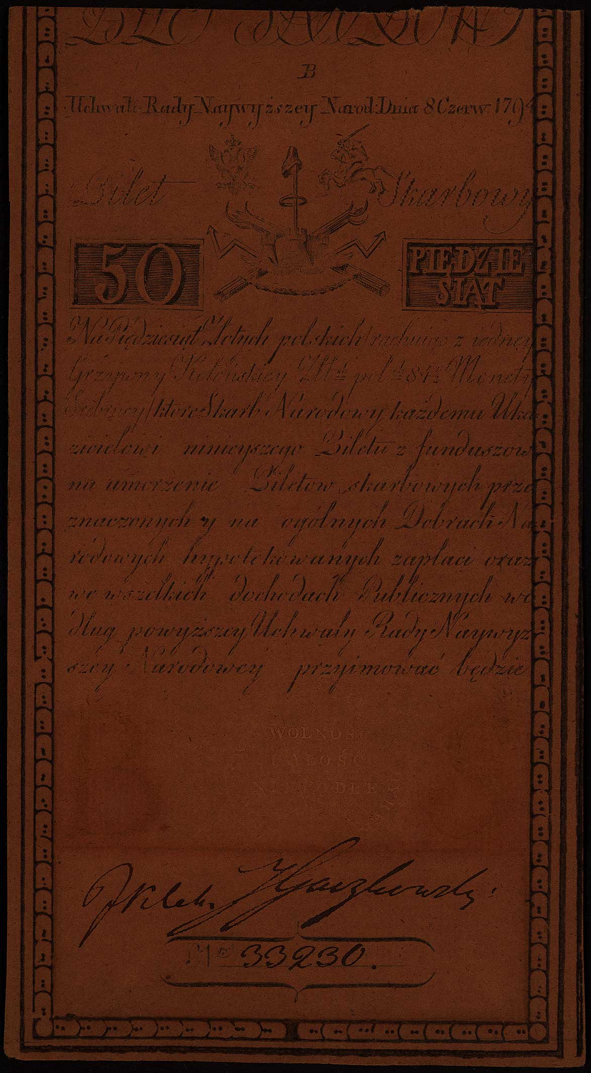 50 złotych 8.06.1794, seria B, znak wodny firmy J Honig & Zoonen, Miłczak A4, Lucow 30 (R3), ładny znak wodny