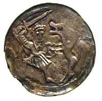 Władysław Wygnaniec 1138-1146, denar, Aw: Książe na tronie z mieczem w dłoni, obok stojący giermek..