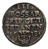 trojak 1538, Gdańsk, końcówka napisu PRVSS, korona bez krzyżyka, minimalna wada blachy, na rewersi..