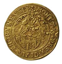 dukat 1659, Toruń, Kaleniecki s 440, H-Cz. 2146 R3, Fr. 60, T. 35, złoto 3.22 g, moneta wybita usz..