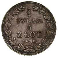 3/4 rubla = 5 złotych 1839, Warszawa, Plage 363, Bitkin 1145, ładnie zachowane, patyna