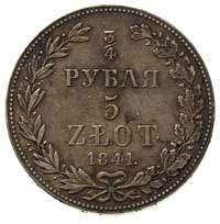 3/4 rubla = 5 złotych 1841, Warszawa, 7 piór w ogonie Orła, Plage 368, Bitkin 1150, rzadkie, ładne..
