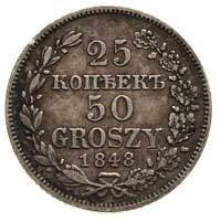 25 kopiejek = 50 groszy 1848, Warszawa, Plage 387, Bitkin 1253, ładne, patyna