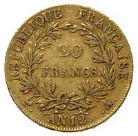 20 franków AN12 A, Paryż, Gadoury 1021, Fr. 487, złoto 6.42 g, rzadkie
