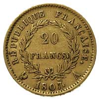 20 franków 1807 A, Paryż, Gadoury 1023, Fr. 487a, złoto 6.43 g