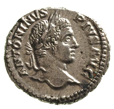 Karakalla 198-217, denar, Aw: Popiersie cesarza w prawo, Rw: Securitas siedząca na tronie w prawo, z kornukopią u boku, w lewej ręce berło, głowę opiera na prawym ramieniu, u stóp ołtarz, Sear 6884