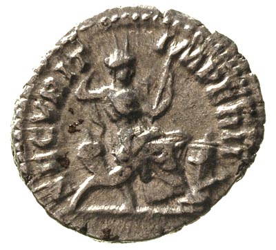 Karakalla 198-217, denar, Aw: Popiersie cesarza w prawo, Rw: Securitas siedząca na tronie w prawo, z kornukopią u boku, w lewej ręce berło, głowę opiera na prawym ramieniu, u stóp ołtarz, Sear 6884