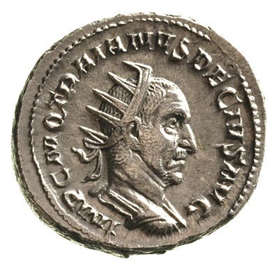 Trajan Decjusz 249-251, antoninian, Aw: Popiersie cesarza w prawo, Rw: Cesarz z uniesionymi rękoma na koniu kroczącym w lewo, napis wokoło ADVENTVS AVG, Sear 9366