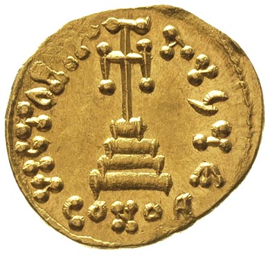 Konstans II 654-668, solidus, Konstantynopol, oficyna E, Aw: Popiersia Konstansa II i Konstantyna IV w koronach na wprost, Rw: Krzyż stojący na trójstopniowym podeście, wokoło napis, złoto 4.42 g, Sear 959, bardzo ładne