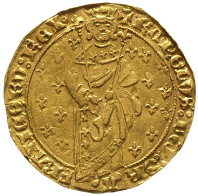 Karol VII 1422-1461, royal d’or (1429-1431), Aw: Stojąca postać króla na wprost, w polu lilie, w otoku napis, Rw: Krzyż wpisany w rozetę, w otoku napis, Duplessy 455, Fr. 303, złoto 3.88 g