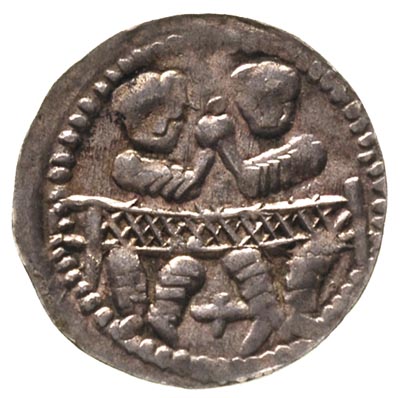 Bolesław IV Kędzierzawy 1146-1173, denar, Aw: Dwaj książęta za stołem, Rw: Rycerz z proporcem i tarczą Stronczyński 59, 0.52 g, bardzo ładny egzemplarz, patyna