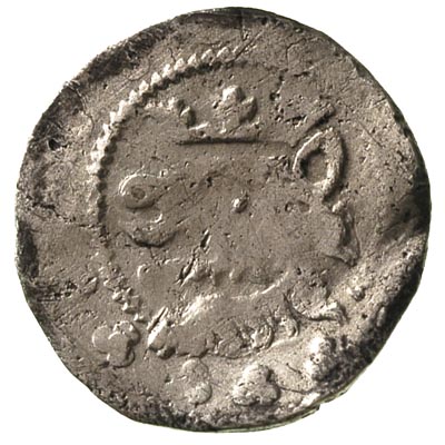 Henryk III 1273-1309, kwartnik, Żagań, Aw: Głowa niedźwiedzia w koronie w lewo, w otoku trójlistki, Rw: Krzyż, w polu tójlistki, w otoku krzyżyki, Friedensburg 245, srebro 1.43 g, ogromna rzadkość
