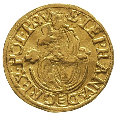 dukat 1586 N-B, Nagy Banya, Aw: stojący król, Rw: Madonna z Dzieciątkiem, złoto 3,49 g, Fr. 71, lekko gięty