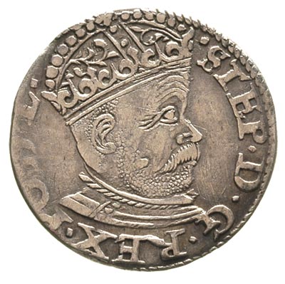 trojak 1585, Ryga, awers Gerbaszewski 50, rewers nie notowany u Gerbaszewskiego, być może usunięta końcówka napisu na rewersie