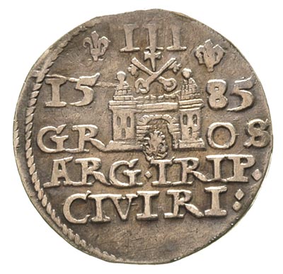 trojak 1585, Ryga, awers Gerbaszewski 50, rewers nie notowany u Gerbaszewskiego, być może usunięta końcówka napisu na rewersie