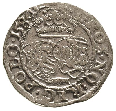 grosz 1580, Olkusz, Aw; Popiersie króla w prawo 
