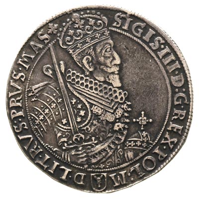 talar 1628, Bydgoszcz, odmiana z herbem podskarbiego pod popiersiem, 28.46 g, Dav. 4315, T. 6, ładnie zachowany egzemplarz, ciemna patyna