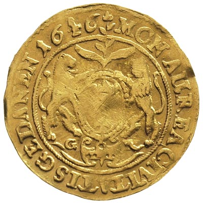 dukat 1646, Gdańsk, Kaleniecki s 273-274, H-Cz. 9737 R4, T. 40, Fr. 15, złoto 3.42 g, uszkodzenia na rewersie