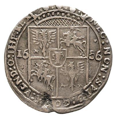 ort 1656, Lwów, odmiana z małą głową króla, T. 4, bardzo charakterystyczne dla monet lwowskich wady bicia, ale bardzo czytelny, rzadka moneta
