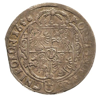 ort 1658, Poznań, moneta z końca blachy, na rewersie dość ładne lustro mennicze
