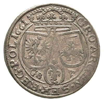 szóstak 1661, Lwów, bardzo rzadka odmiana bez herbu podskarbiego i z prostymi tarczami herbowymi, patyna
