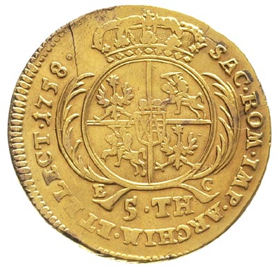 5 talarów 1758, Lipsk, złoto 6.45 g, Kaleniecki s 505, H-Cz. 2929, fałszerstwo Fryderyka Wielkiego z czasów wojny siedmioletniej