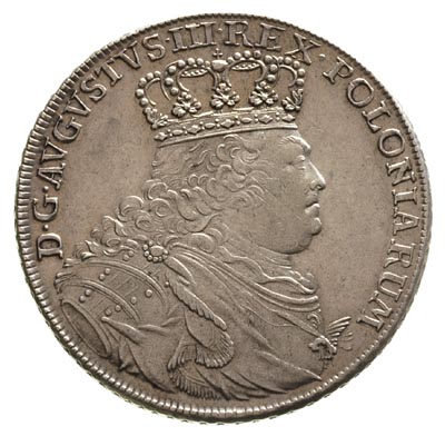 talar 1754, Lipsk, 29.20 g, Schnee 1037 awers typ D, rewers typ 5, Dav. 1617, typ monety rzadko występujący w tak ładnym stanie zachowania, efektowny portret króla, delikatna patyna