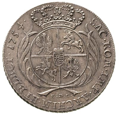talar 1754, Lipsk, 29.20 g, Schnee 1037 awers typ D, rewers typ 5, Dav. 1617, typ monety rzadko występujący w tak ładnym stanie zachowania, efektowny portret króla, delikatna patyna