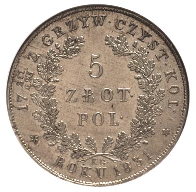 5 złotych 1831, Warszawa, Plage 272, moneta w pudełku GCN z certyfikatem MS 62, piękny egzemplarz, delikatna patyna