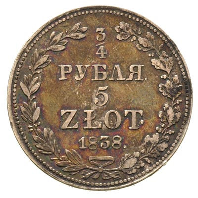 3/4 rubla = 5 złotych 1838, Warszawa, po 5 kępce liści 3 jagódki, Plage 361, Bitkin 1144, tęczowa patyna