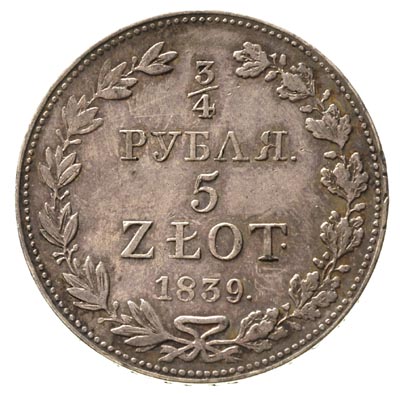 3/4 rubla = 5 złotych 1839, Warszawa, Plage 363, Bitkin 1145, ładnie zachowany egzemplarz, patyna