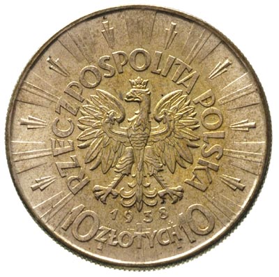 10 złotych 1938, Warszawa, Józef Piłsudski, Parchimowicz 124 e, wyśmienicie zachowany egzemplarz ze złocistą patyną