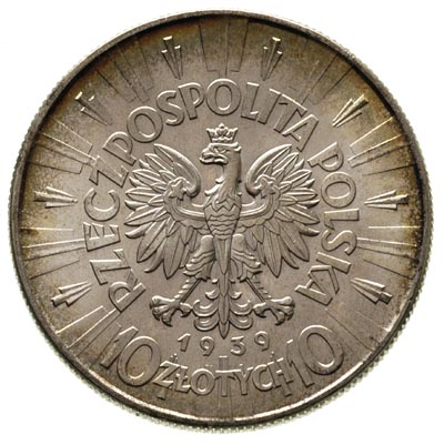 10 złotych 1939, Warszawa, Józef Piłsudski, Parchimowicz 124 f, drobne ryski w tle, piękna moneta z delikatną patyną