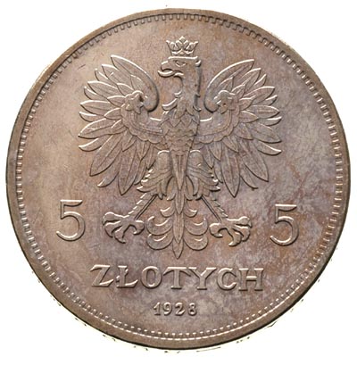5 złotych 1928, Warszawa, Nike, Parchimowicz 114 a, drobne ryski w tle