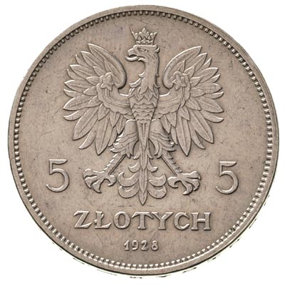 5 złotych 1928, Bruksela, Nike, Parchimowicz 114 b, nieznaczne ślady czyszczenia