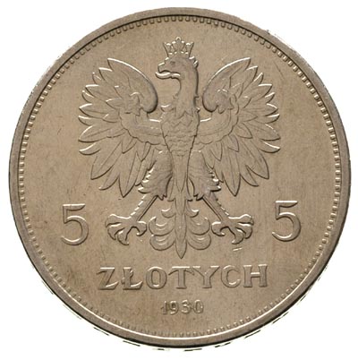 5 złotych 1930, Warszawa, Nike, Parchimowicz 114 c, minimalne ryski w tle, rzadkie