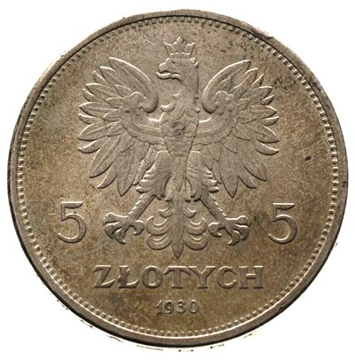 5 złotych 1930, Warszawa, Nike, Parchimowicz 114 c, patyna, rzadkie
