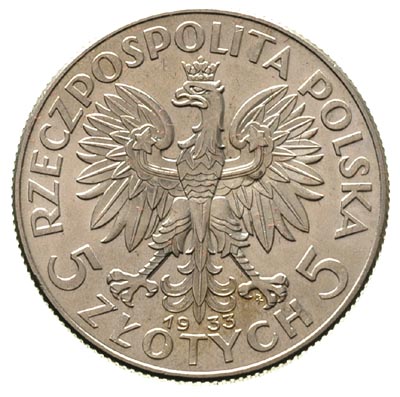5 złotych 1933, Warszawa, Głowa Kobiety, Parchimowicz 116 c, wyśmienity egzemplarz