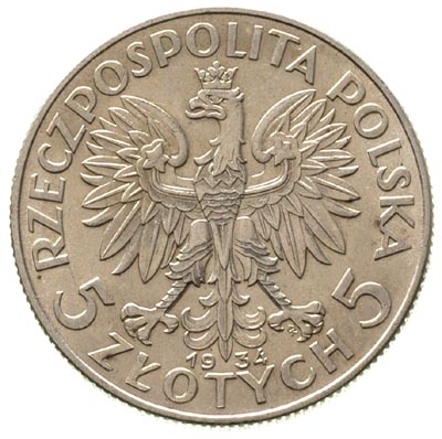 5 złotych 1934, Warszawa, Głowa Kobiety, Parchimowicz 116 d, piękny egzemplarz