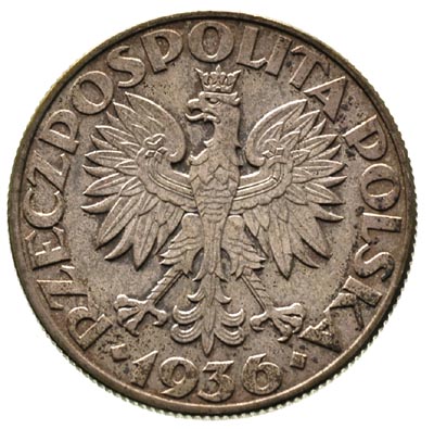 5 złotych 1936, Warszawa, Żaglowiec, Parchimowicz 119, nieco plamiasta patyna